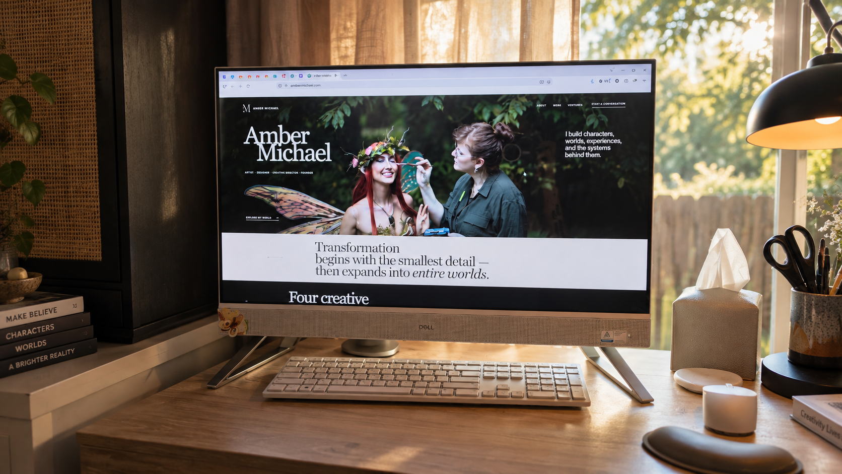 Amber Michael’s creative studio workspace displaying her portfolio